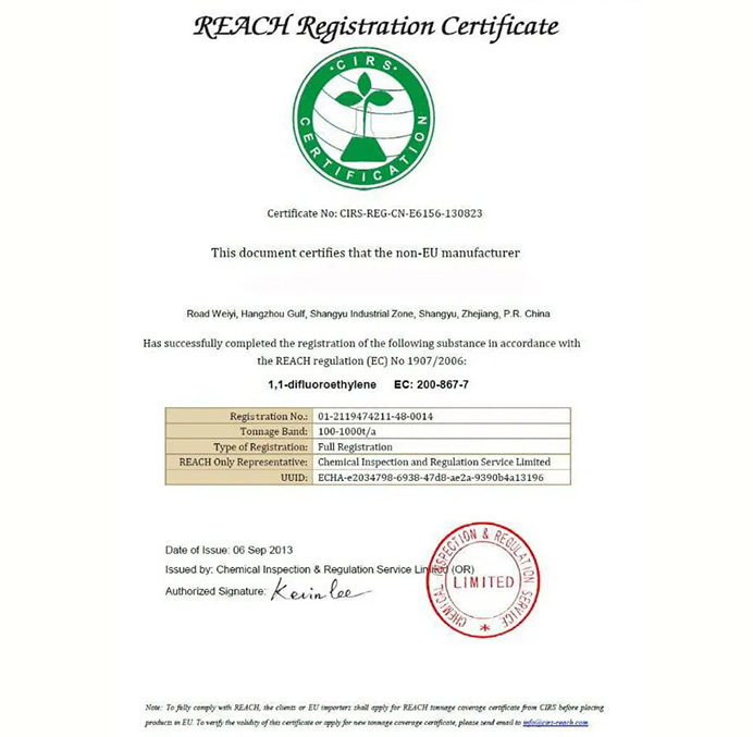 REACH Registration Certificata
